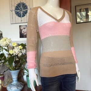 NWT point zero size small Striped V-Neck hole beachy  Sweater - Pink, White, Tan